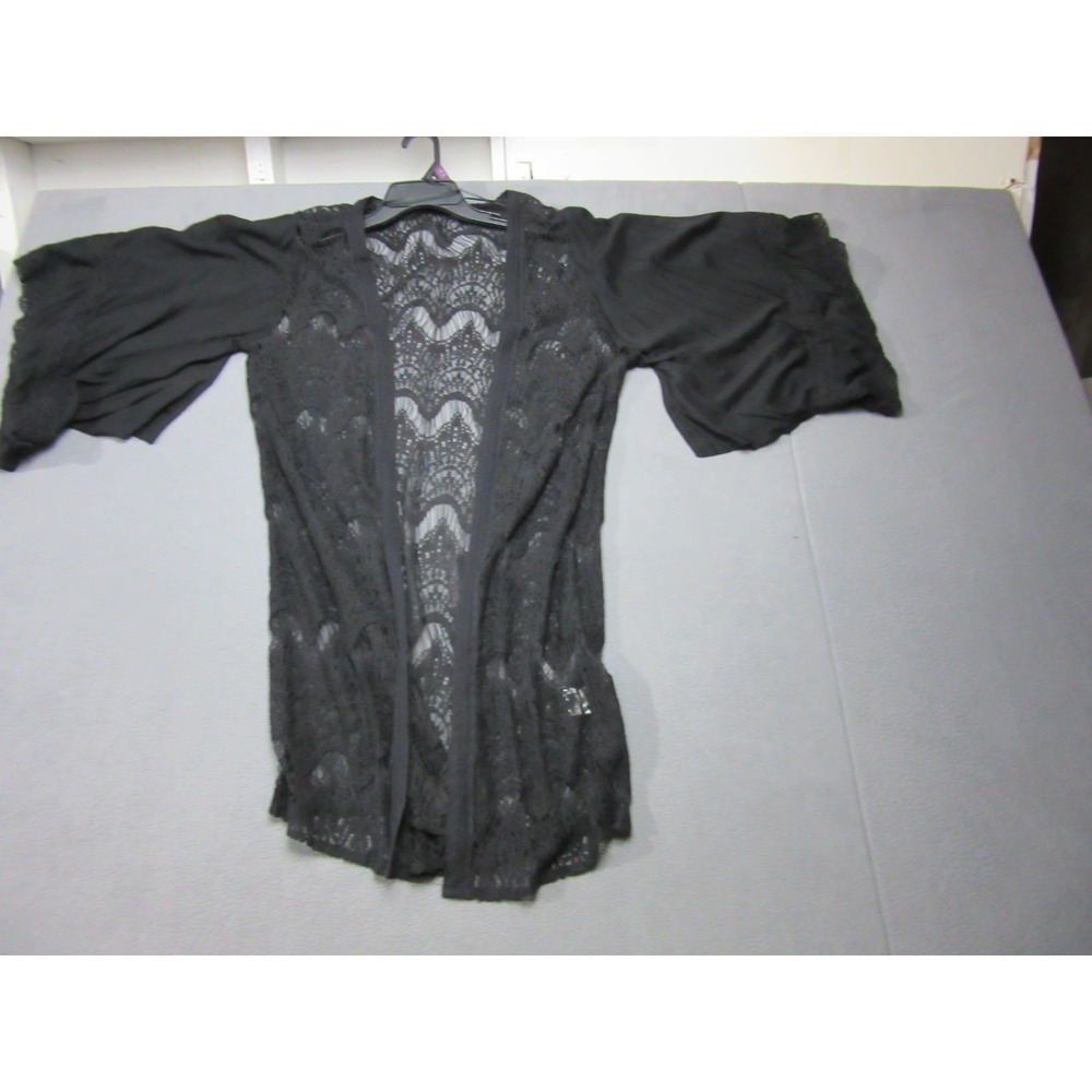 Hazel Lace Cardigan Sweater Womens Large Black Flutter Sleeve Flowy Open Front